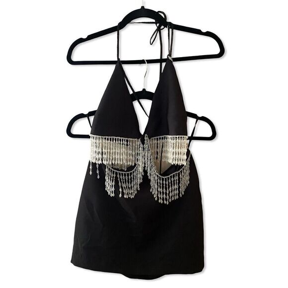 NBD Lali Dress Beaded Fringe Black Cut Out Mini Halter Revolve $328 NWT S - Picture 7 of 12